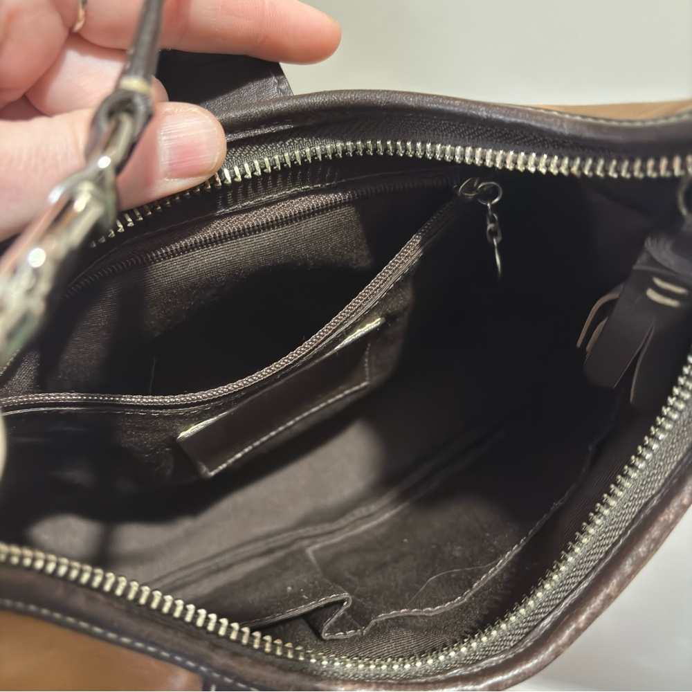 Coach Brown Two Tone Leather Signature Monogram Canvas Hobo Shoulder Purse - Picture 14 of 16